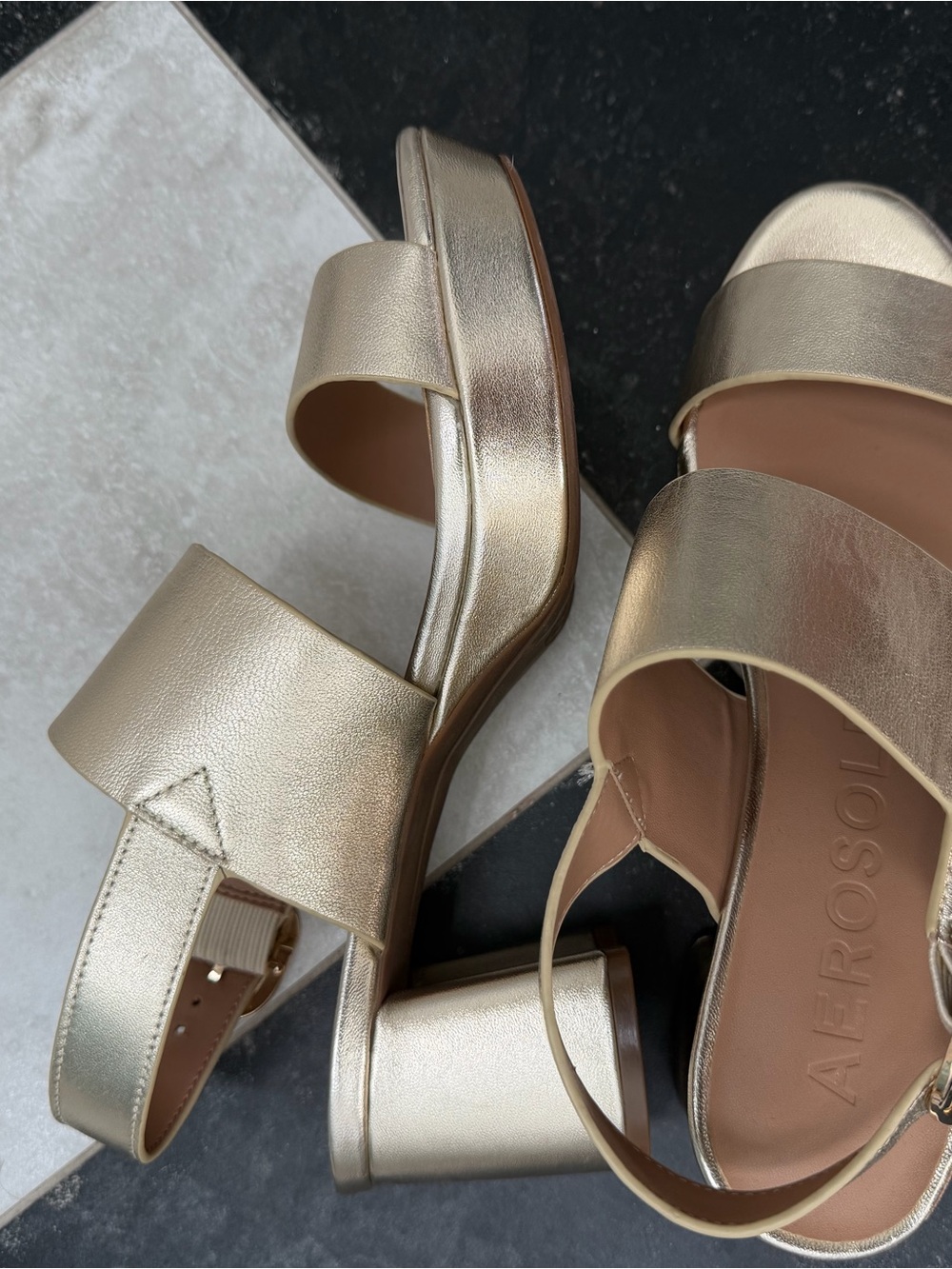 AEROSOLES Metallic Gold Block Heel Sandals (never worn size 10)